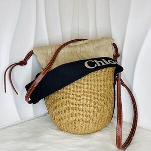 CHLOE Small Woody Basket Bag Tan Brown Straw Canvas Silver Hardware